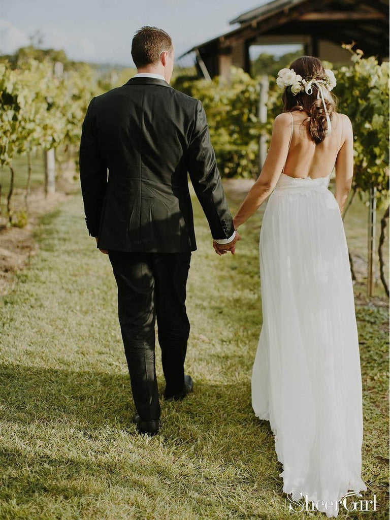 Simple Spaghetti Strap Beach Wedding Dresses with Lace Top AWD1324-SheerGirl