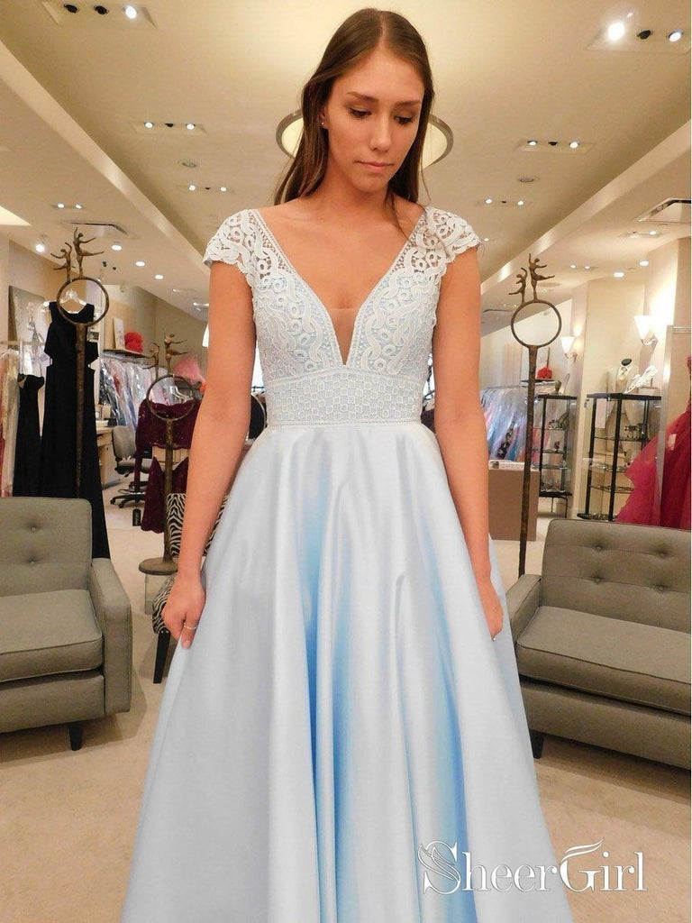 Simple V-Neck A Line Lace Sky Blue Prom Dresses for Junior Cap Sleeve APD3327-SheerGirl