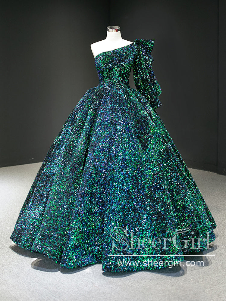 Single Shoulder Sequins Ball Gown Silver Quinceanera Dress Sparkly Prom Dress ARD2851