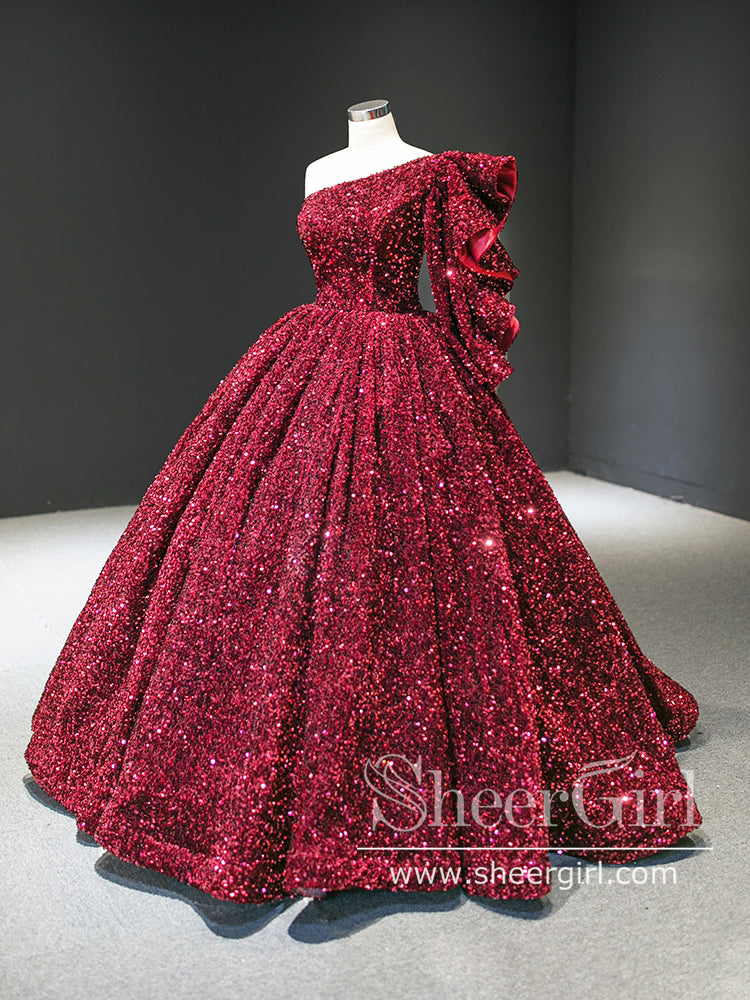Single Shoulder Sequins Ball Gown Silver Quinceanera Dress Sparkly Prom Dress ARD2851-SheerGirl