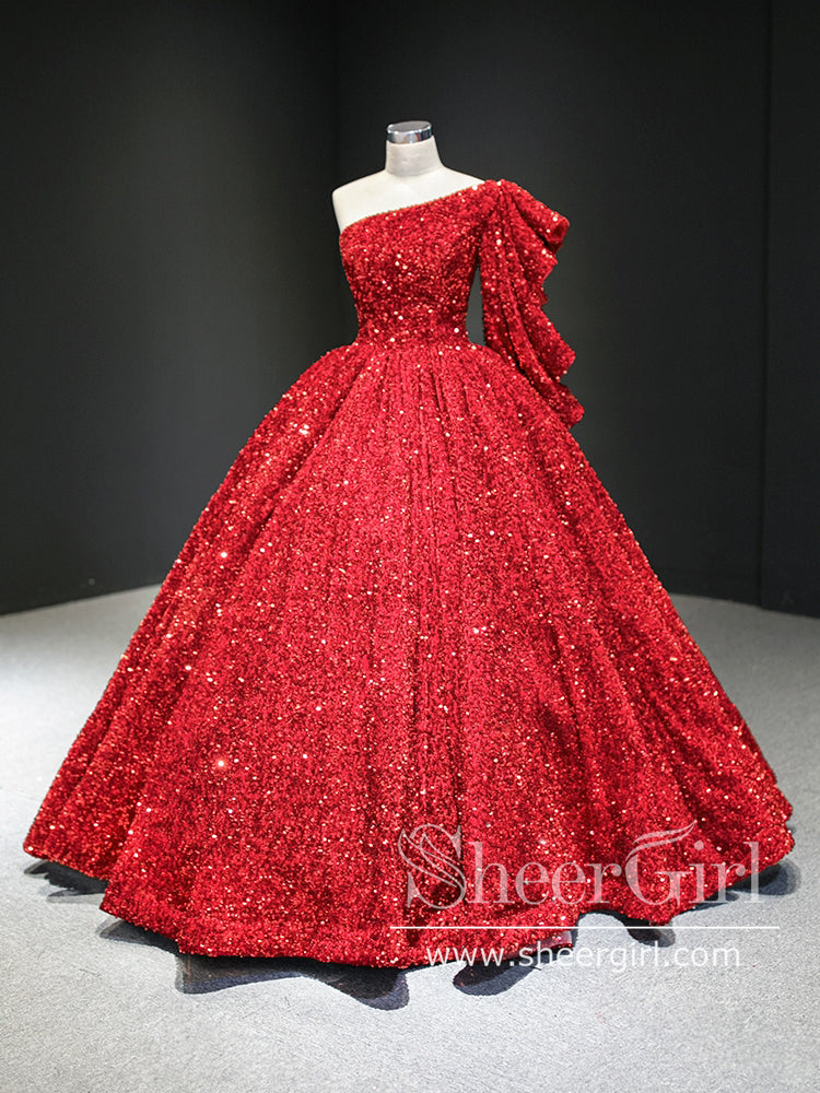 Single Shoulder Sequins Ball Gown Silver Quinceanera Dress Sparkly Prom Dress ARD2851-SheerGirl