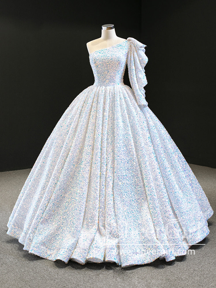 Single Shoulder Sequins Ball Gown Silver Quinceanera Dress Sparkly Prom Dress ARD2851 Single Shoulder Sequins Ball Gown Silver Quinceanera Dress Sparkly Prom Dress ARD2851