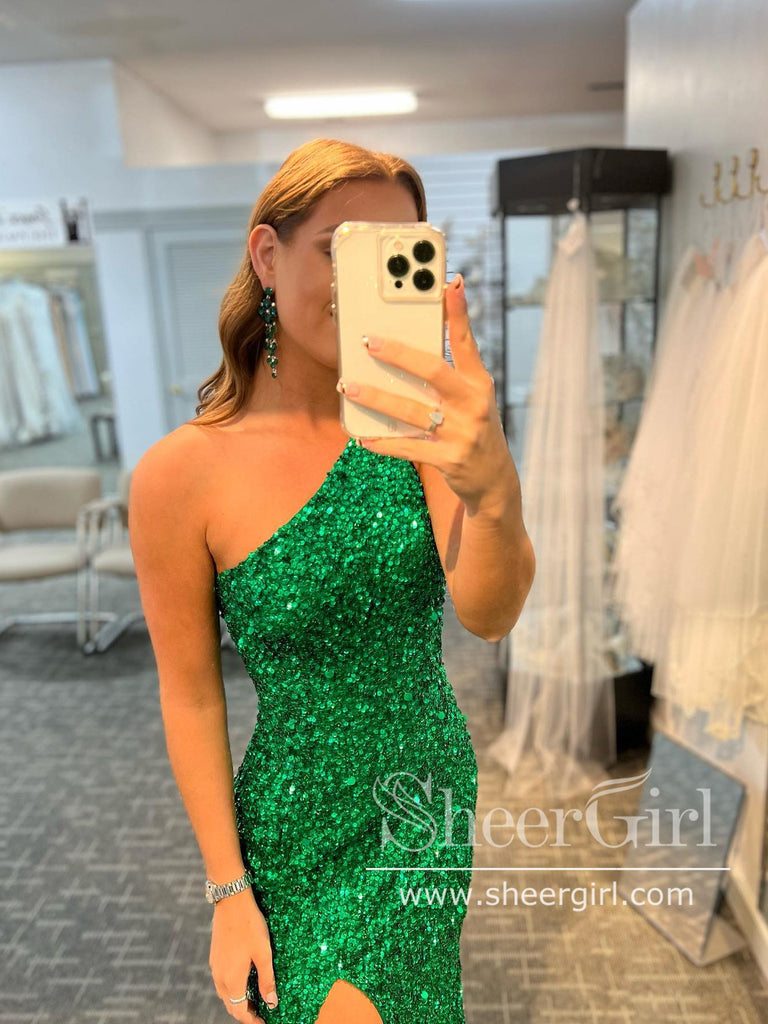 Single Shoulder Sparkly Prom Dresses with Slit Sheath Formal Dress ARD2053B-SheerGirl