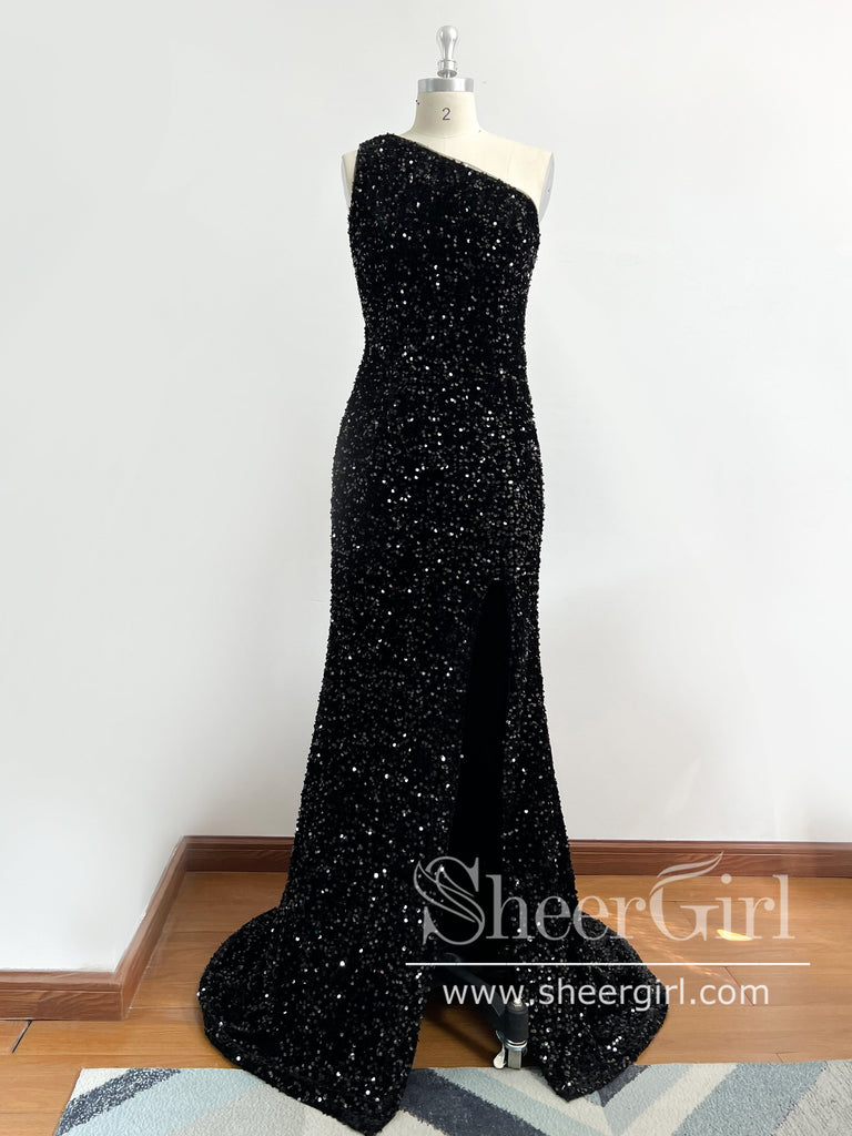 Single Shoulder Sparkly Prom Dresses with Slit Sheath Formal Dress ARD2053B-SheerGirl