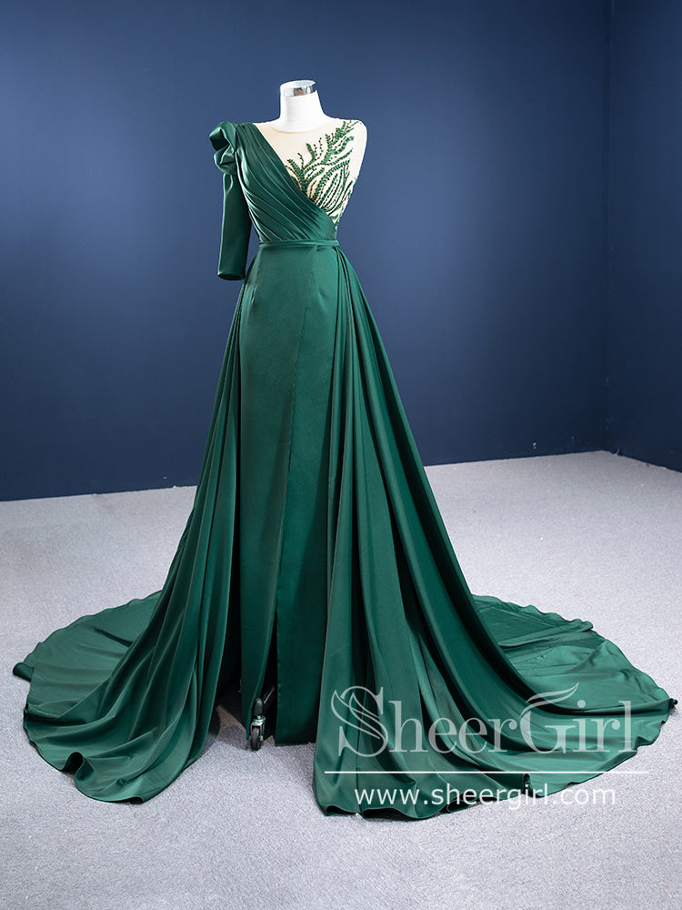Single Sleeve High Slit Party Dress Dark Green Satin Prom Dress A Line Prom Gown ARD2855-SheerGirl