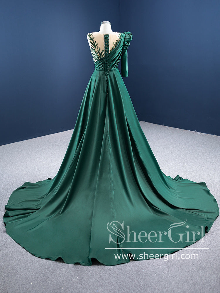 Single Sleeve High Slit Party Dress Dark Green Satin Prom Dress A Line Prom Gown ARD2855-SheerGirl