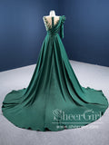 Single Sleeve High Slit Party Dress Dark Green Satin Prom Dress A Line Prom Gown ARD2855-SheerGirl