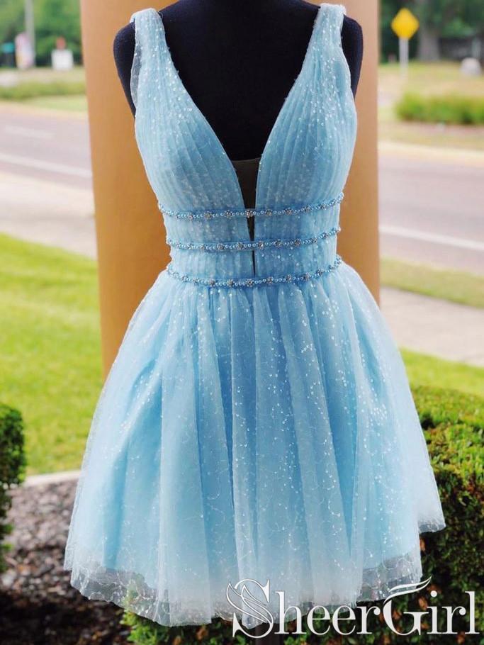Sky Blue Beaded Graduation Dress Backless Homecoming Dresses ARD2371 Sky Blue Beaded Graduation Dress Backless Homecoming Dresses ARD2371