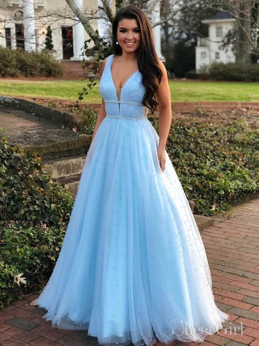 Sky Blue Beaded Long Prom Dresses Pearls Tulle Cute Prom Dress 2019 ARD1874 Sky Blue Beaded Long Prom Dresses Pearls Tulle Cute Prom Dress 2019 ARD1874