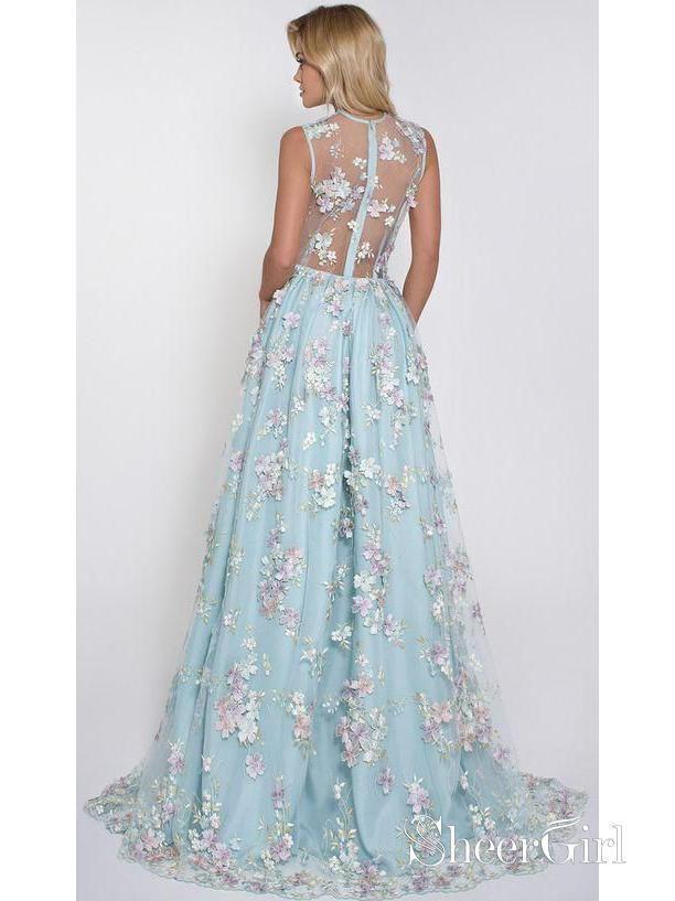 Sky Blue Floral Prom Dresses See Through Embroidery Formal Dress Evening Gowns ARD1335-SheerGirl