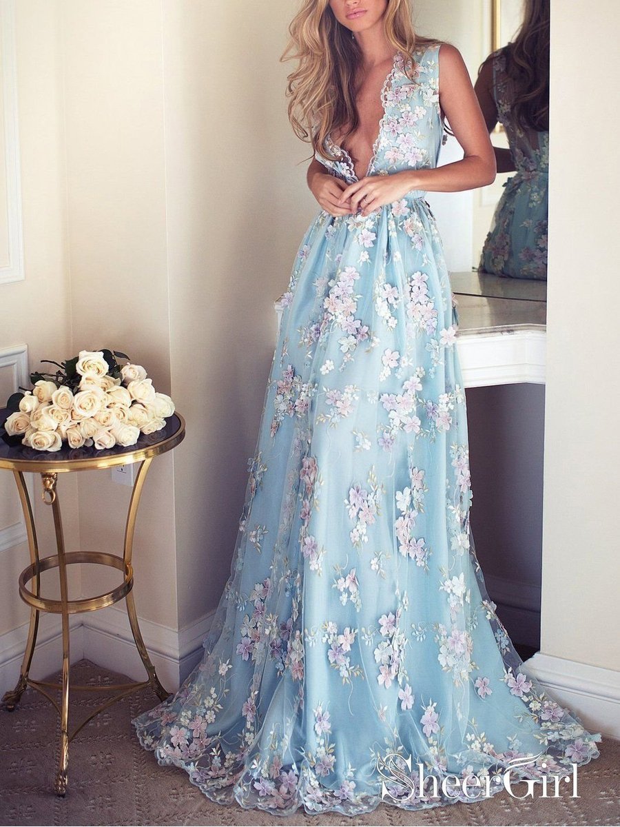Sky Blue Floral Prom Dresses See Through Embroidery Formal Dress Evening Gowns ARD1335 Sky Blue Floral Prom Dresses See Through Embroidery Formal Dress Evening Gowns ARD1335