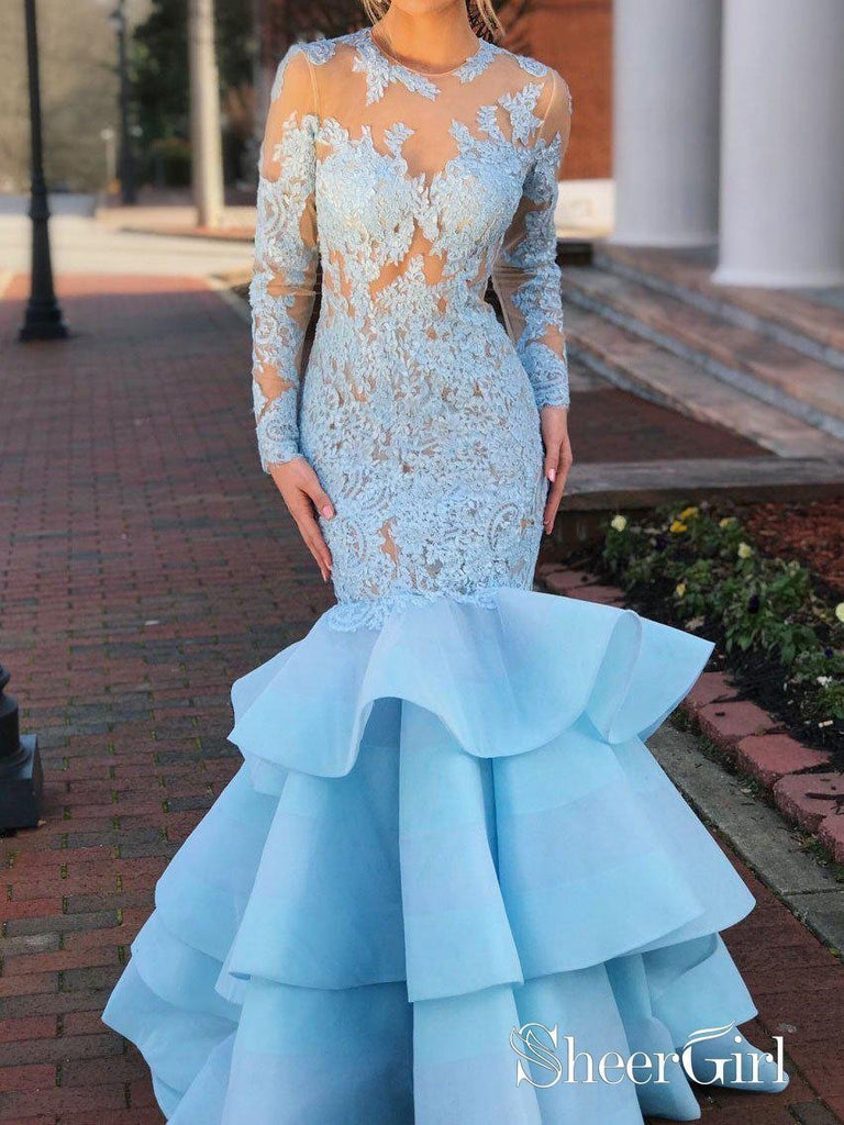 Sky Blue Long Sleeve Prom Dresses Lace Tiered Mermaid Bodycon Formal Evening Gowns APD3278-SheerGirl