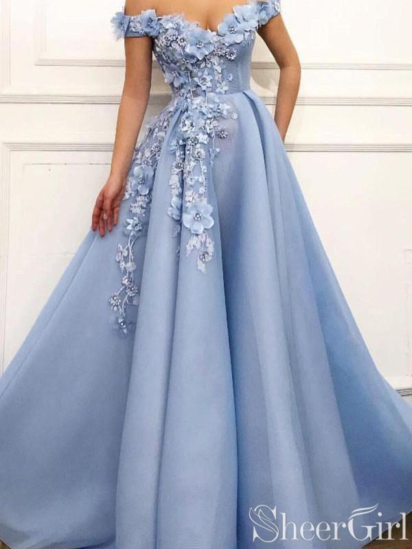 sky blue off the shoulder prom dress Sky Blue Off The Shoulder Prom Dresses Beaded Long Formal Dress ARD2401
