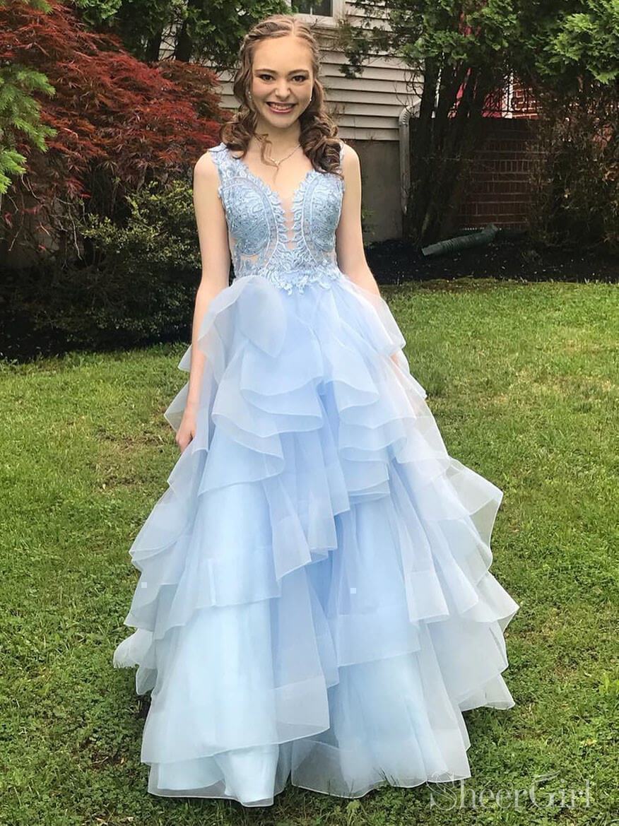 Sky Blue Ruffle Skirt Prom Dresses Sweet 16 Princess Graduation Dress APD3216 Sky Blue Ruffle Skirt Prom Dresses Sweet 16 Princess Graduation Dress APD3216