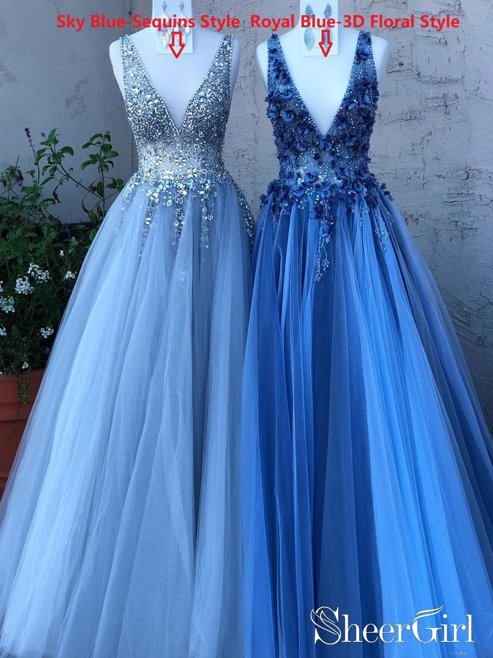 Sky Blue Sequis 3D Flower Prom Dresses A Line Deep V Neck Formal Dresses ARD2495 Sky Blue Sequis 3D Flower Prom Dresses A Line Deep V Neck Formal Dresses ARD2495