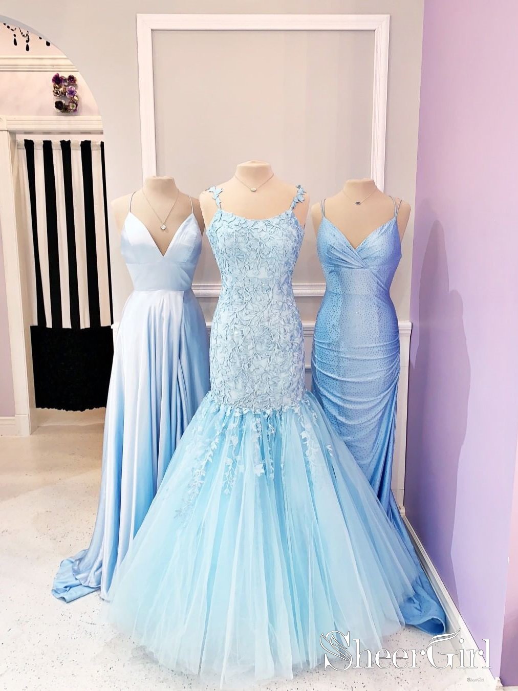 Sky Blue Wraped V Neckline Mermaid Party Dress Rhinestones Decorated L   SheerGirl