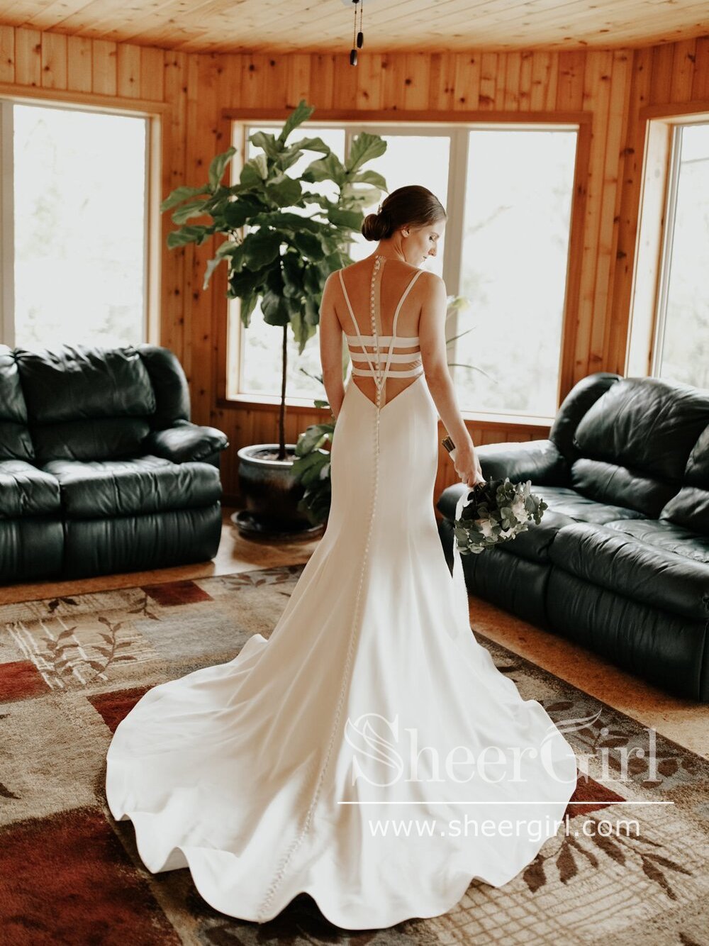 Sleek Satin Mermaid Wedding Dress with Low Open Strips Illusion Back AWD1786 Sleek Satin Mermaid Wedding Dress with Low Open Strips Illusion Back AWD1786