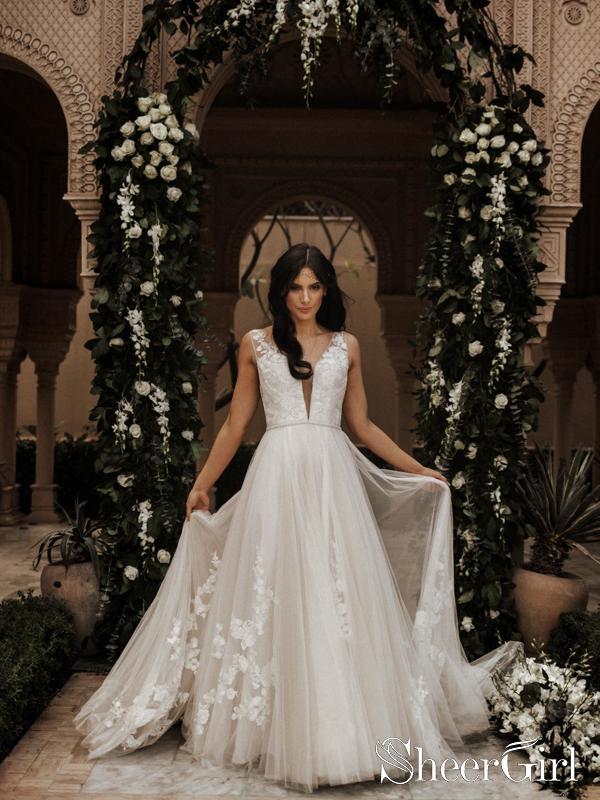 Sleeveless V-neck & Rose Embroidery Full A-Line Wedding Dress AWD1672 Sleeveless V-neck & Rose Embroidery Full A-Line Wedding Dress AWD1672