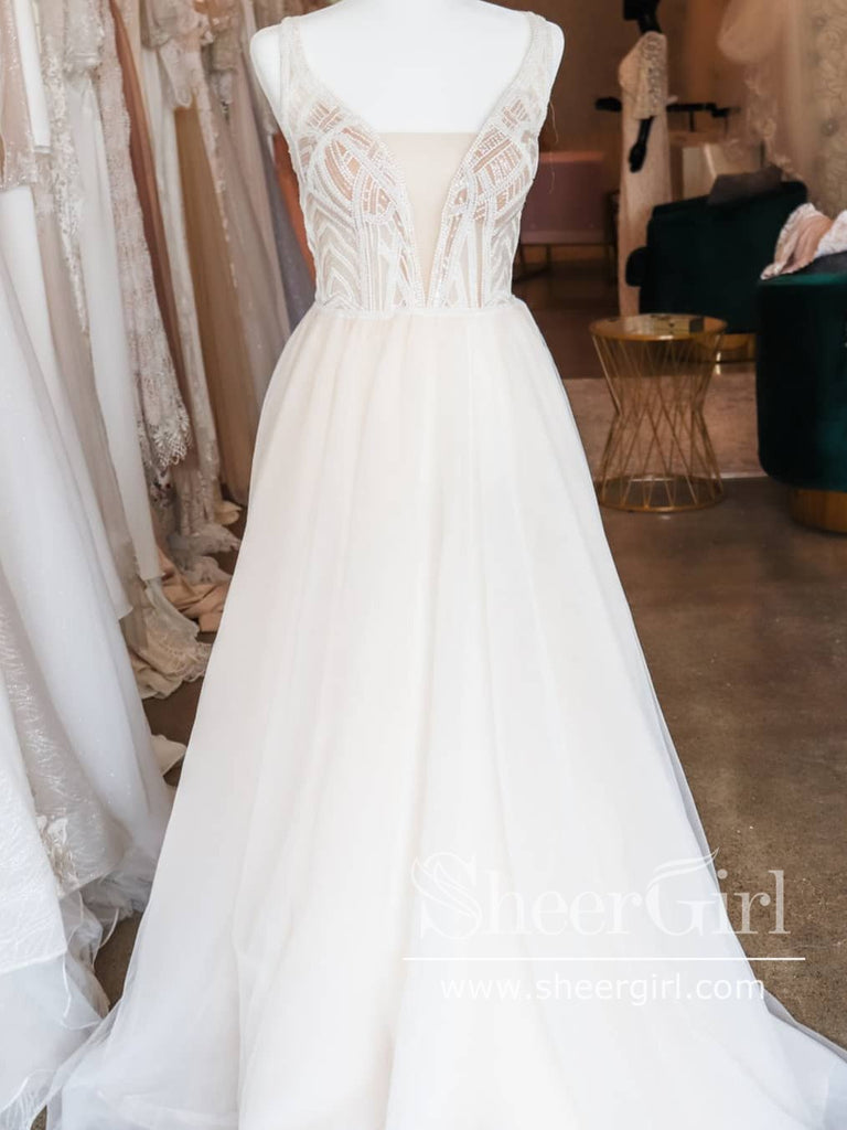 Sleeveless V-neck and Beadings Embroidery Illusion Bodice Full A-Line Wedding Dress AWD1713-SheerGirl