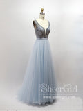 Sleeveless with Lace Beadings Bodice Plounging V Neck A Line Tulle Long Prom Dress ARD2572-SheerGirl