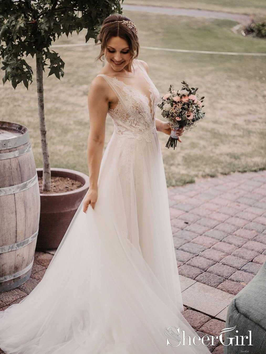 Soft Ivory Net Beaded Deep V Illusion A-Line Wedding Gown Graceful Lace Wedding Dress AWD1670 Soft Ivory Net Beaded Deep V Illusion A-Line Wedding Gown Graceful Lace Wedding Dress AWD1670