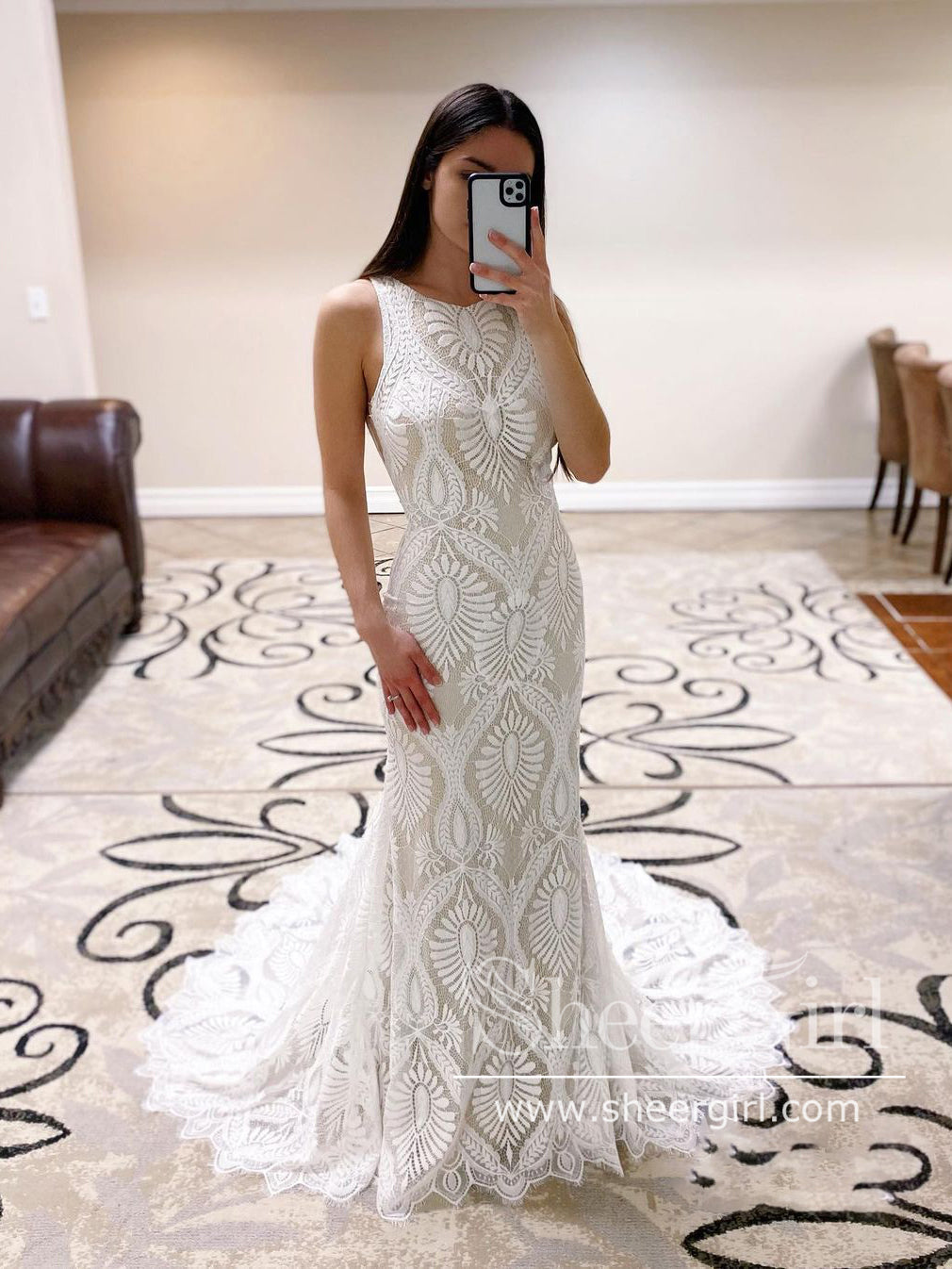lace keyhole back wedding dresses DreamDress By PMN Cahira Fit-N-Flare Wedding Dress Gown Scalloped V-Neck Open Back Flowers Lace Applique Fully Lined Chapel