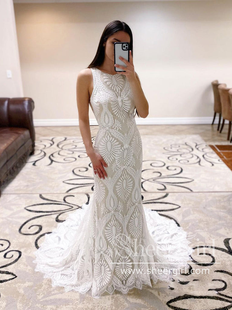 Soft Lace Sheath Wedding Dress Keyhole Back Bridal Dress with Chapel Train AWD1859-SheerGirl