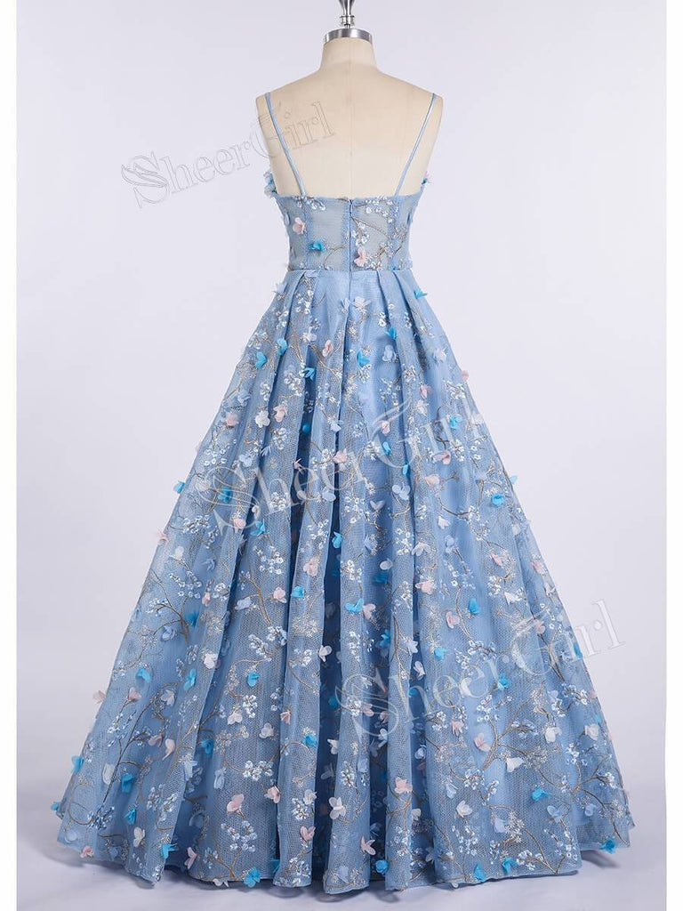 Spaghetti Strap 3D Flower Applique Sky Blue Prom Dresses Ball Gowns ARD1609-SheerGirl