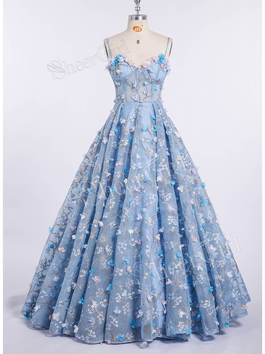 Spaghetti Strap 3D Flower Applique Sky Blue Prom Dresses Ball Gowns ARD1609 Spaghetti Strap 3D Flower Applique Sky Blue Prom Dresses Ball Gowns ARD1609