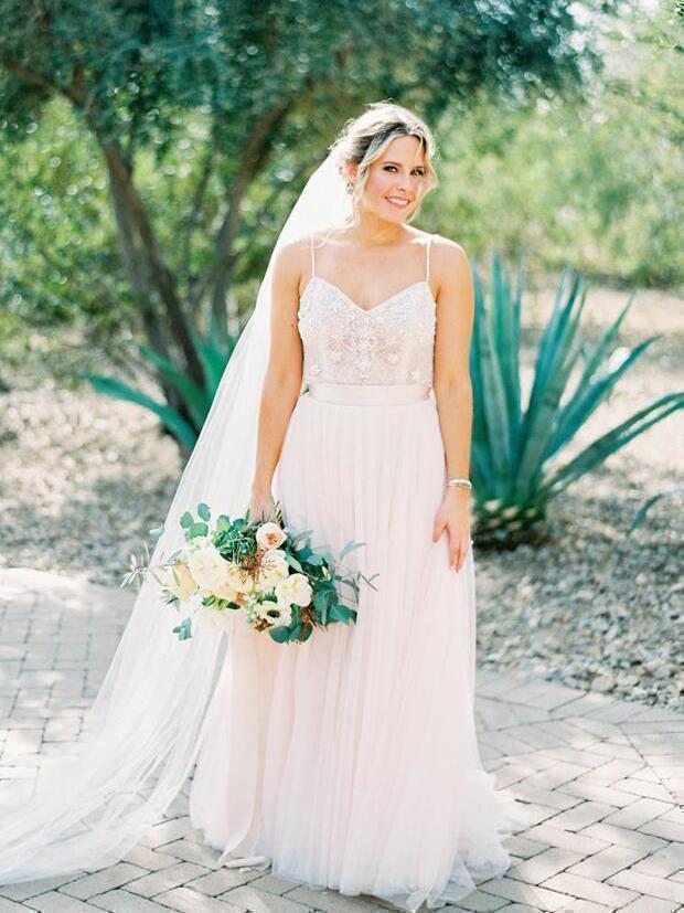 Spaghetti Strap Beaded Ivory Tulle Wedding Dresses with Train AWD1283