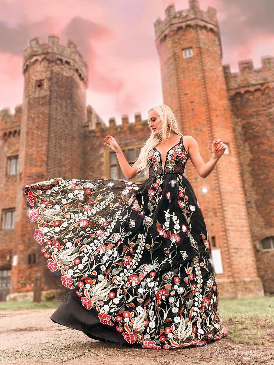 Spaghetti Strap Black Prom Dresses Floral Formal Dress ARD2193 Spaghetti Strap Black Prom Dresses Floral Formal Dress ARD2193