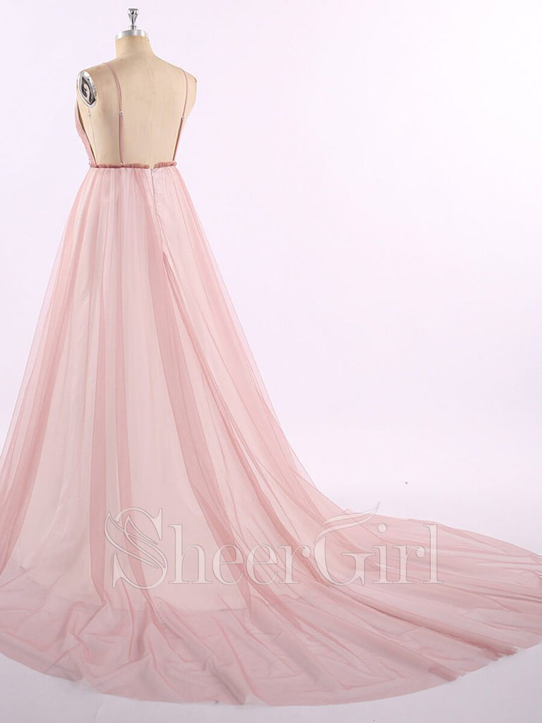 Spaghetti Strap Deep V Neck Sexy Pink Prom Dresses with Train ARD1818-SheerGirl