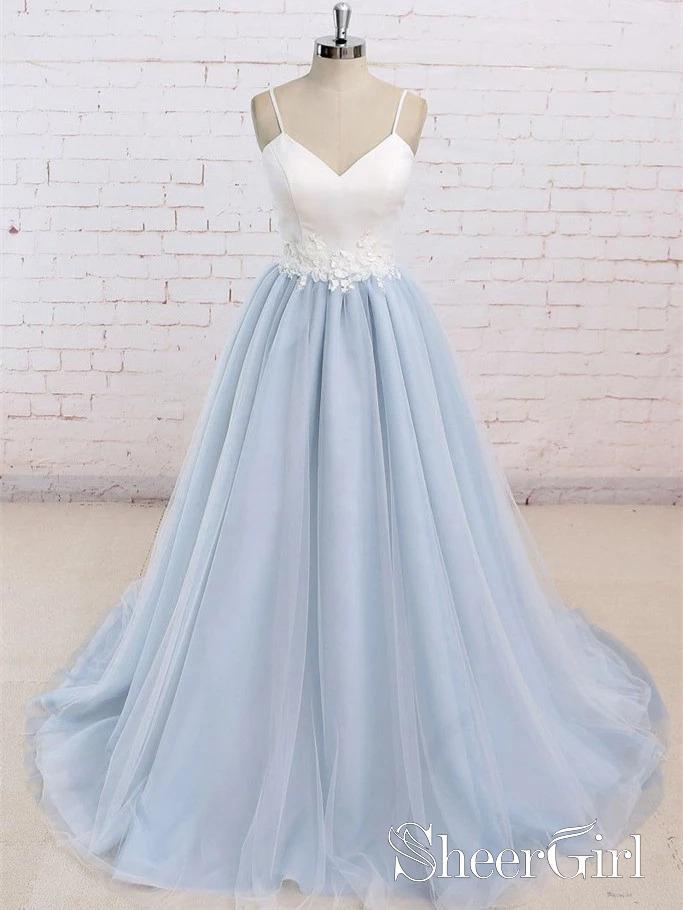 Spaghetti Strap Ivory Top Sky Blue Bottom Skirt Wedding Dress with