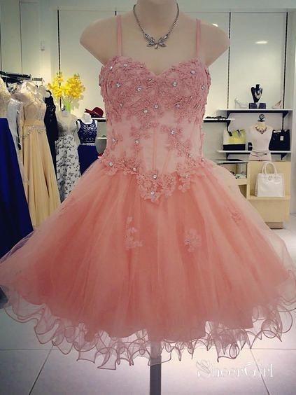 Spaghetti Strap Lace Applique Pink Mini Organza Homecoming Dresses ARD1692-SheerGirl