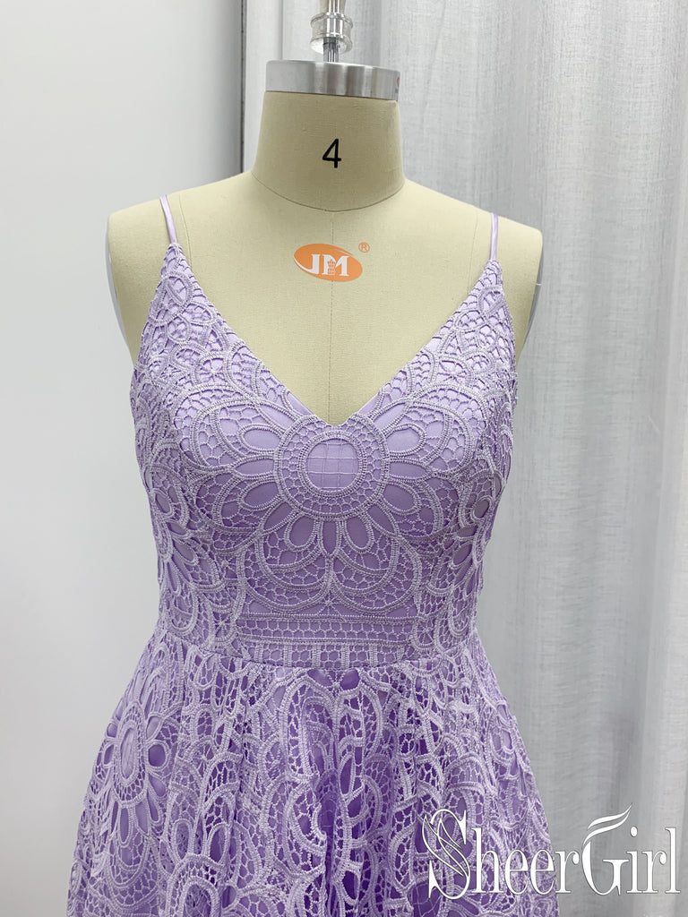 Spaghetti Strap Pink Lace Bridesmaid Dresses Midi Tea Length Bridesmaid Dress ARD1185-SheerGirl