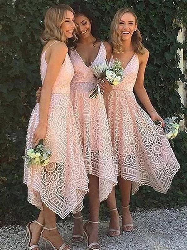 Spaghetti Strap Pink Lace Bridesmaid Dresses Midi Tea Length Bridesmaid Dress ARD1185 Spaghetti Strap Pink Lace Bridesmaid Dresses Midi Tea Length Bridesmaid Dress ARD1185