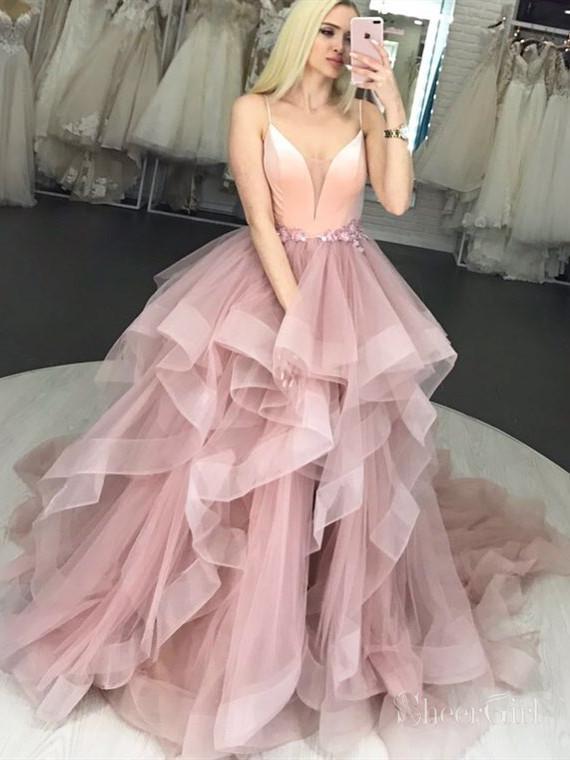 Spaghetti Strap Pink Long Ball Gown Prom Dresses with Ruffle Skirt