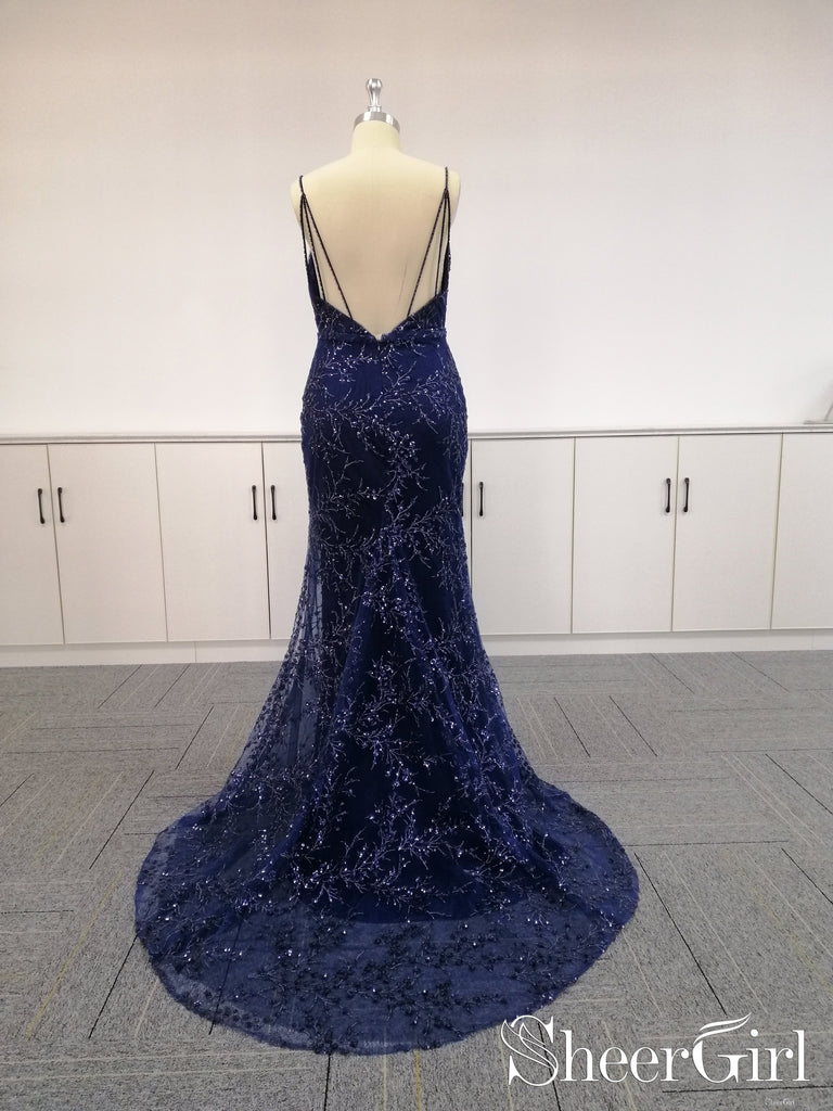 Spaghetti Strap Sexy Deep V Neck Mermaid Lace Prom Dress with Train ARD1855-SheerGirl