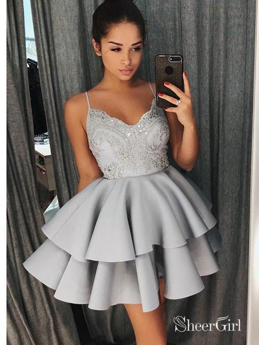 shiny tulle mini dress Spaghetti Strap Shiny Mini Homecoming Dresses Chic Summer Hoco Dress ARD1544
