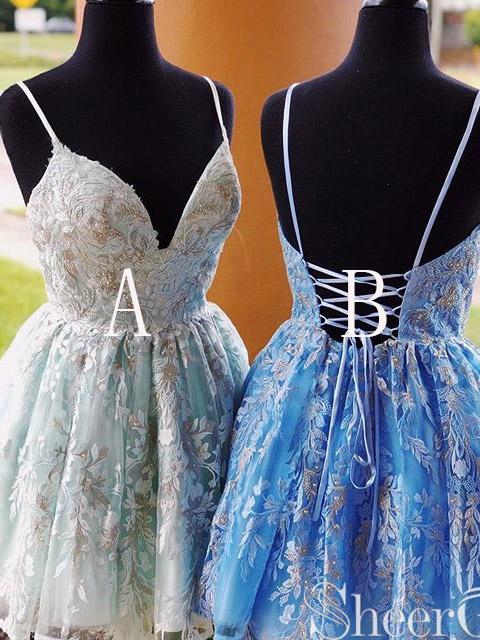 Spaghetti Strap Short Homecoming Dresses Lace Appliqued Quinceanera Dress ARD2408