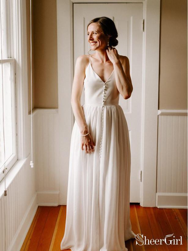 Spaghetti Strap Simple Beach Wedding Dresses Cheap V Neck Bridal Gown  AWD1307