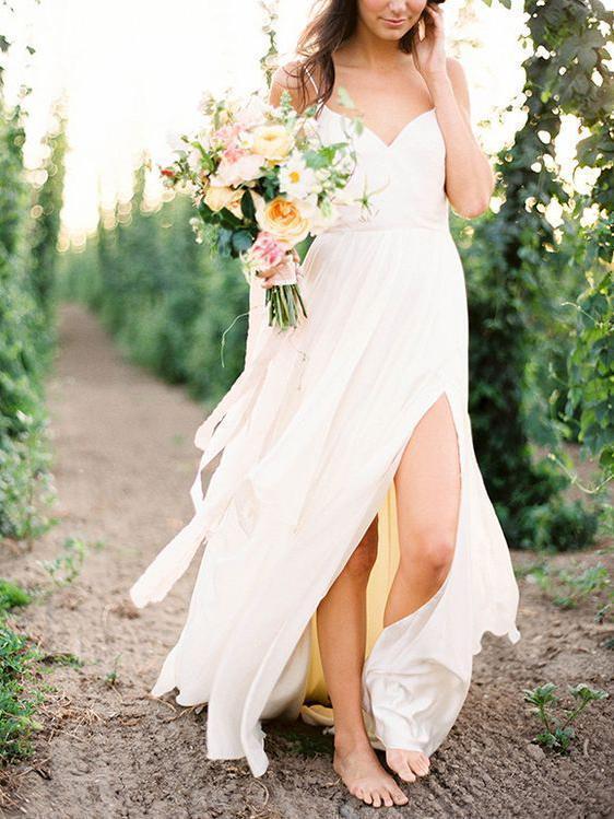Spaghetti Strap Simple Summer Wedding Dresses V Neck Cheap Wedding Dresses with Slit SheerGirl Spaghetti Strap Simple Summer Wedding Dresses V Neck Cheap Wedding Dresses with Slit SheerGirl