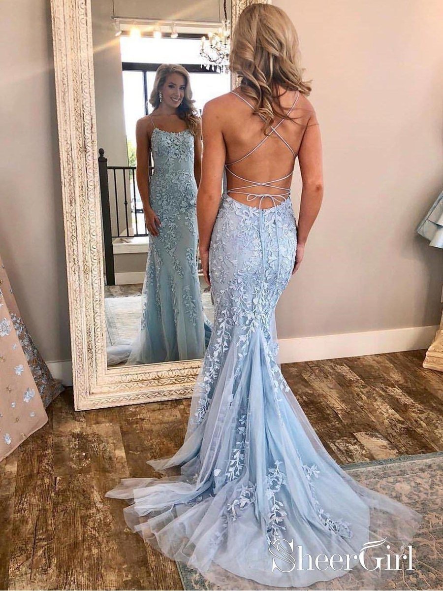 Spaghetti Strap Sky Blue Mermaid Prom Dresses Backless Pageant Formal –  SheerGirl