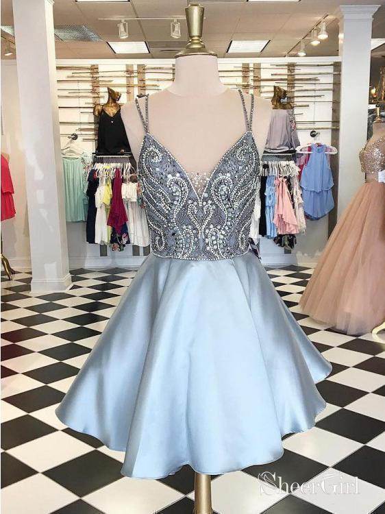 Spaghetti Strap V Neck A Line Homecoming Dresses Silver Short Prom Dress ARD1488 Spaghetti Strap V Neck A Line Homecoming Dresses Silver Short Prom Dress ARD1488