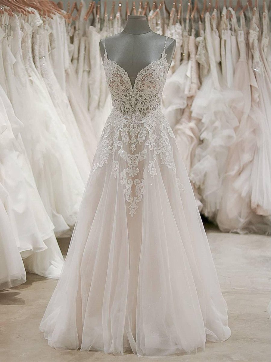 Spaghetti Straps White Tulle Spring Cute Wedding Dress - VQ