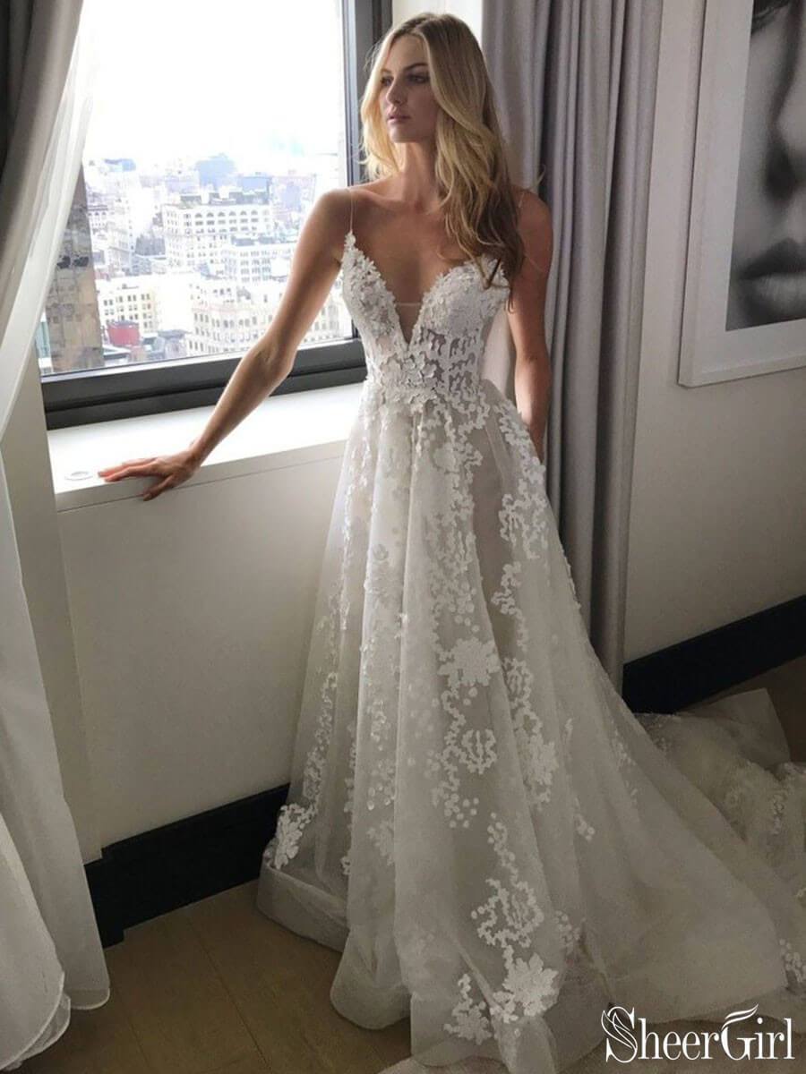 A-line V-neck Spaghetti Strap Charming Organza Wedding Dresses – Pgmdress