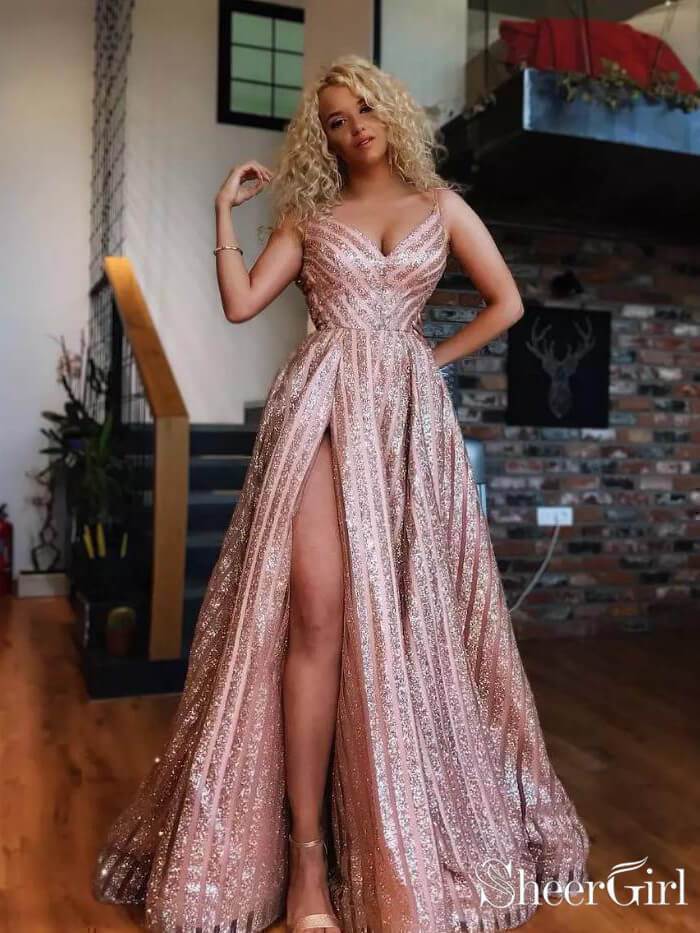 Spaghetti Strap V Neck Rose Gold Prom Dresses Sexy Side Slit Prom Dress ARD1917 Spaghetti Strap V Neck Rose Gold Prom Dresses Sexy Side Slit Prom Dress ARD1917
