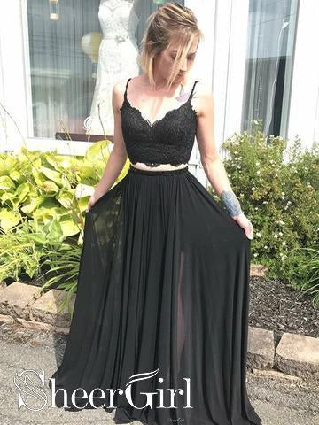 Spaghetti Strap V Neck Two-Piece Formal Dresses Black Lace Evening Dre SheerGirl Spaghetti Strap V Neck Two-Piece Formal Dresses Black Lace Evening Dre SheerGirl