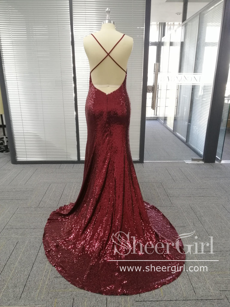Spaghetti Strap V-neck Burgundy Sequins Sexy Mermaid Prom Dresses APD2835-SheerGirl