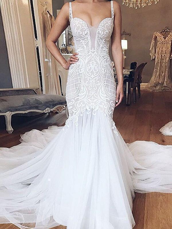 Spaghetti Strap Vintage Mermaid Wedding Dresses Lace Applique